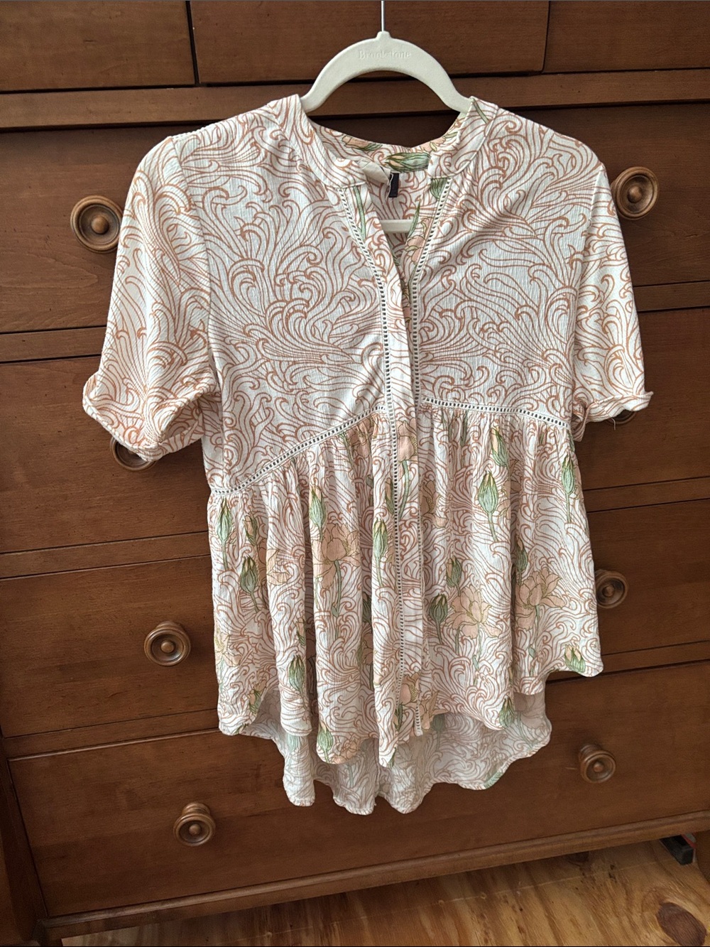 Anthropologie Peach Swirl Pintuck Peplum Tunic with Green Accents